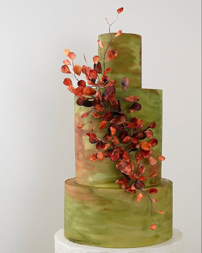 3 Tier Wedding Cake in Handpainted Green Tones and Copper leaf texture